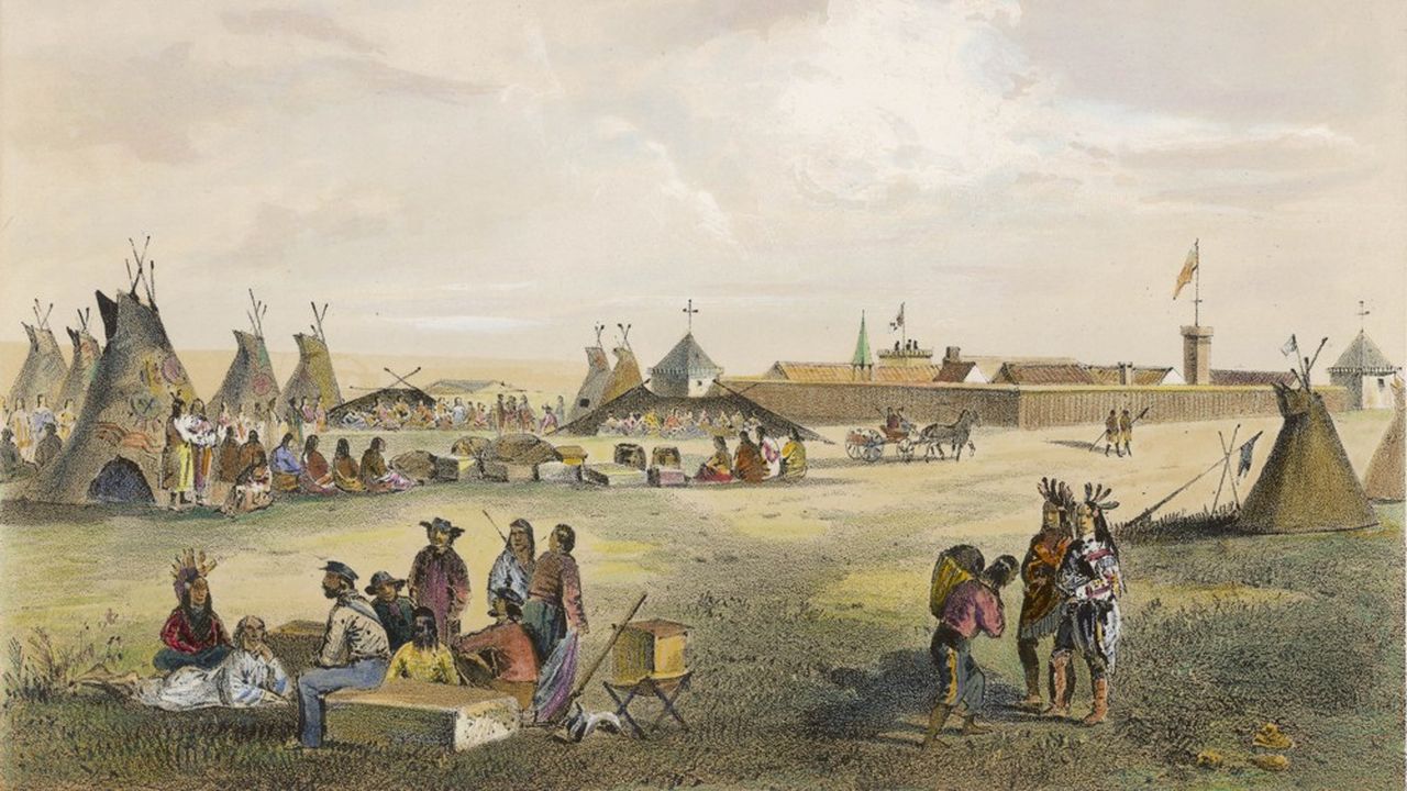 At Fort Union, Montana, the  U.S. government's exploring  party distributes goods to the  Assiniboine peoples : the  native tepees are pitched  outside the fort's walls.     Date: circa 1854